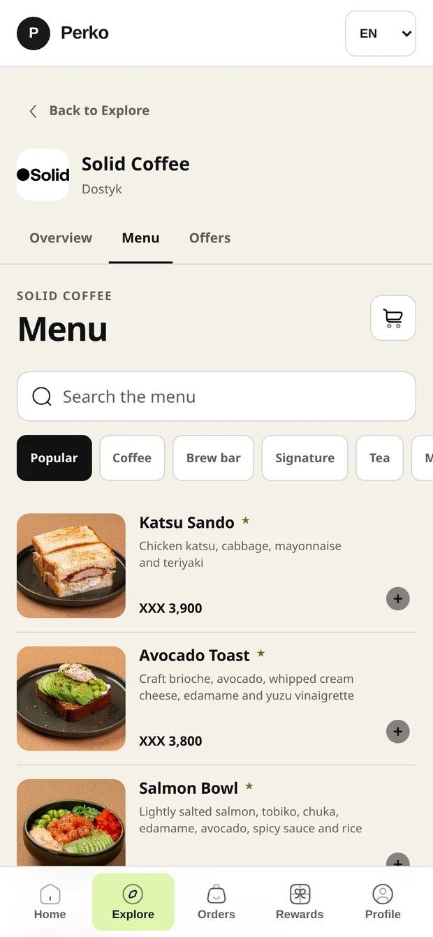 Perko café menu with search and product categories.